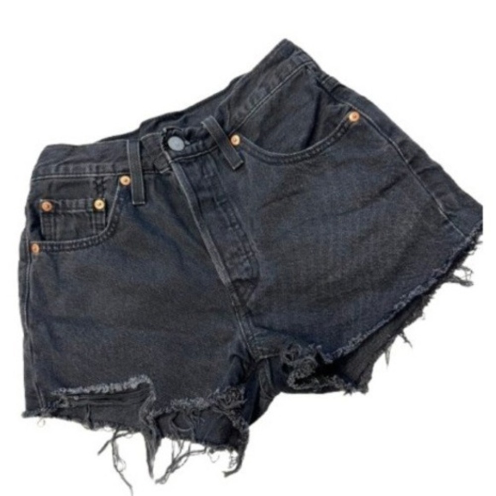 Levis 501 Original High Rise Cut Off Denim Shorts Washed Black W25